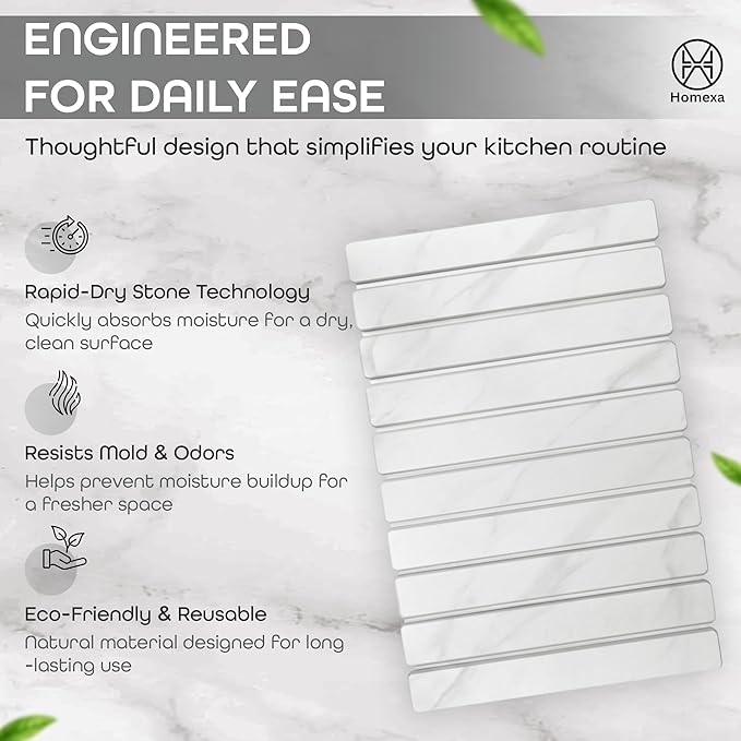 LStone Dish Drying Mat 24" x 16" – Dish Drying Stone – Large Diatomaceous Earth Drying Mat with Non-Slip Base – Quick Dry Kitchen & Bathroom Drying Pad for Dishes, Glassware & Bottles (Marbled White)