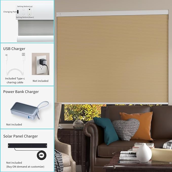 MYshade Motorized Cellular Shades - Smart Blinds Compatible with Alexa/Google Home/SmartThings, 100% Blackout Rechargeable Cordless Honeycomb Blinds, Custom-Size Auto Shades for Windows (Light Brown)