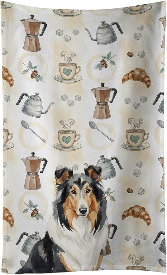 Caroline's Treasures Tricolor Collie Coffee Bar Kitchen Towel Velour Plush Front and Cotton Loop Back Machine Washable