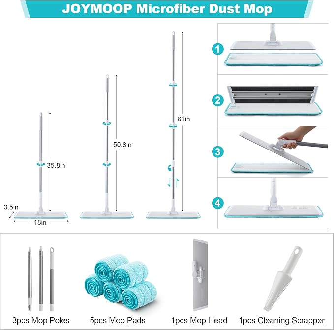 JOYMOOP 18 Inch Dust Mop for Hardwood Floors, Grey-White Heavy Duty Industrial Wet Dry Mop with Telescopic Handle and Microfiber Mop Head, Includes 5 Microfiber Pads