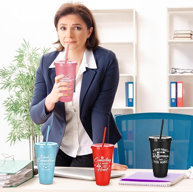 Meanplan 24 Pcs School Counselor Gifts Bulk 24 oz Plastic Tumbler with Lids and Straws Thank You Cups Travel Mugs Inspirational School Teacher Appreciation Week Gifts for Women Men