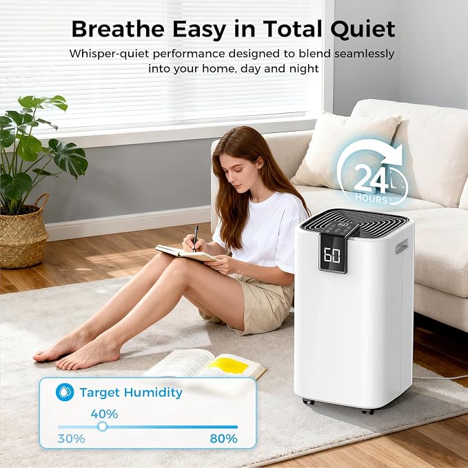 4000 sq.ft Dehumidifier for Basement, Trazico 45 Pint Dehumidifiers for Home with Drain Hose, Smart Humidity Control, 24H Timer, Auto Defrost, Ideal for Large Room, Bathroom, Bedroom, Garage, Black
