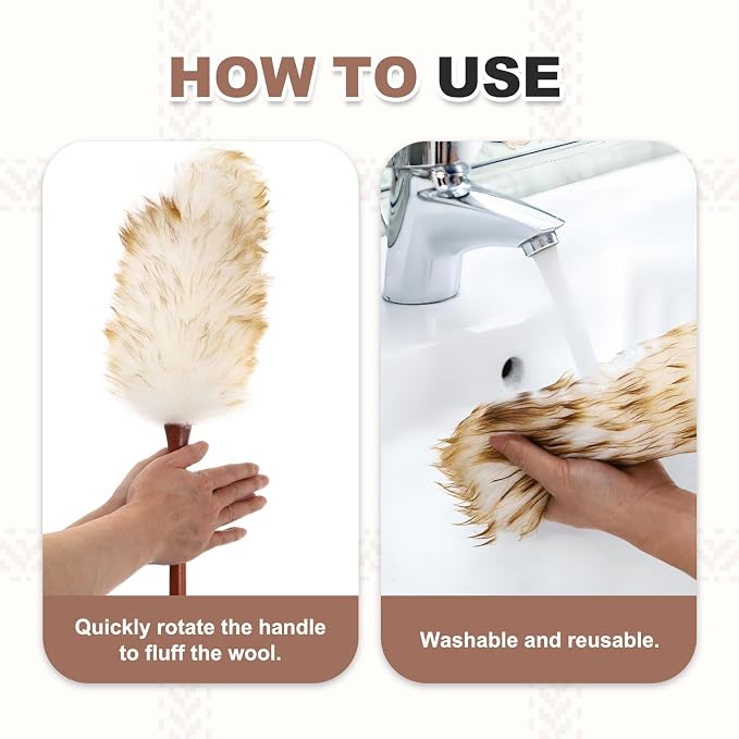 uxcell Wool Duster, 24.4" Natural Feather Cleaner Household Cleaning Duster with Solid Wooden Handle for Cleaning Fans Window Blinds Shelves Furniture, White Gold