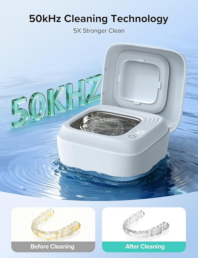 Ultrasonic Retainer Cleaner, Rechargeable Retainer Cleaner Machine, 50kHz Ultrasonic Cleaner for Night Guards, Mouth Guards, Dentures, Braces, Aligner, 170ML, 2 Modes