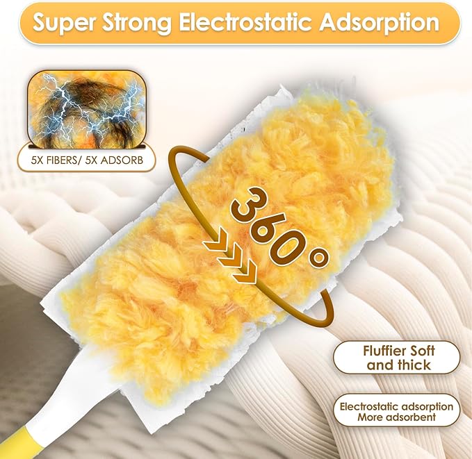 50 Count Feather Duster Refills for Swiffer Dusters Handle, 360 Degree Multi-Surface Duster Refill Kit with 1 Extended Handle and 1 Short Handle, Disposable Dust Removal Brush Heads for Electronics