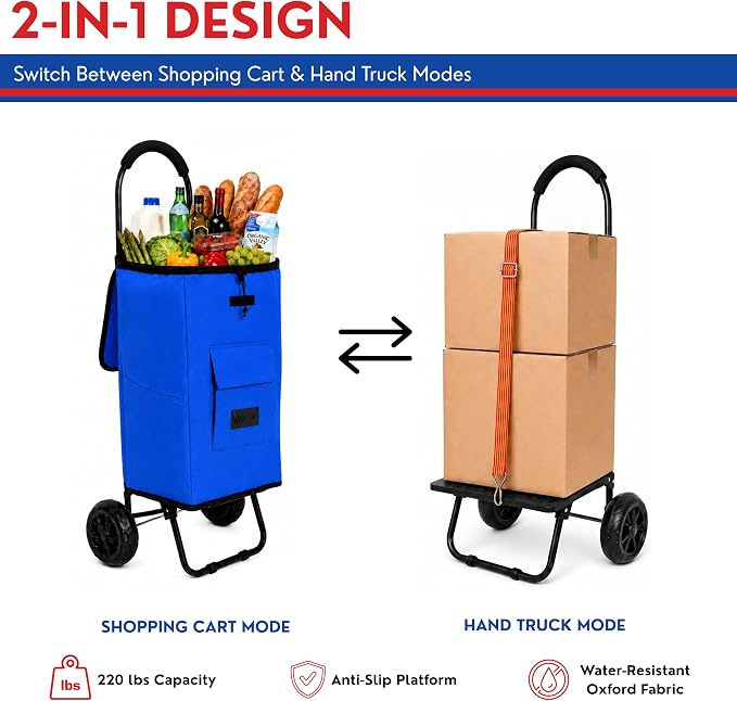 Shopping Cart, Super Loading Grocery Trolley, 220 lbs Capacity, Foldable Cart with Extra Large 55L Shopping Bag Portable Grocery Utility Cart with Adjustable Bungee Cord (Blue)