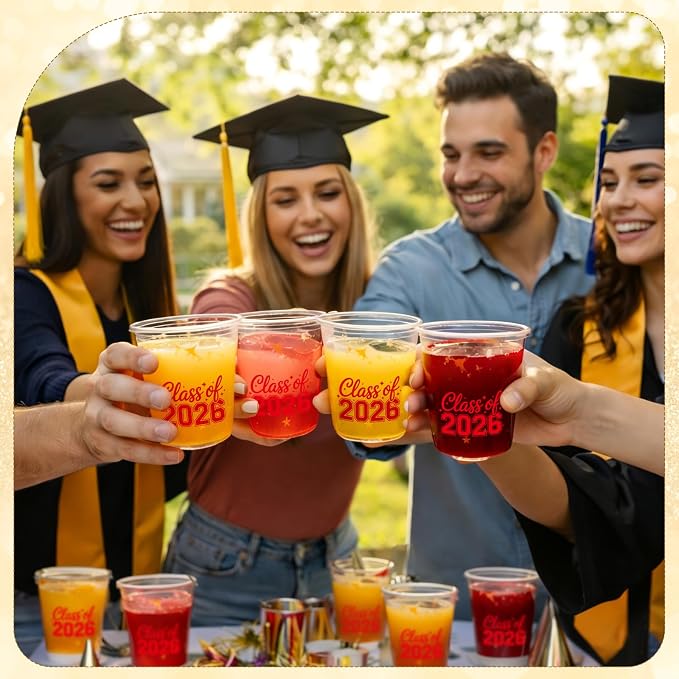 Potchen 50pcs Graduation Cups Class of 2026 12oz Clear Plastic Graduation Party Cups for 2026 Celebration Party Supplies Congrats Grad Tableware Decoration(Red)