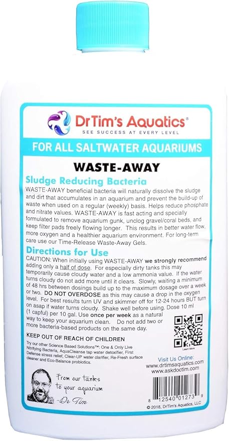 Dr. Tim’s Aquatics Saltwater Waste-Away Sludge Busting Bacteria – For Saltwater Aquaria, Fish Tanks, Aquariums – Unclogs, Cleans Gravel Beds, Removes Hidden Wastes – 100% Natural – 16 Oz.