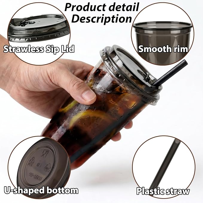 18oz Disposable Stemless Glasses With Strawless Sip Lids and Straws,PET Disposable Drinking Cups,Clear Plastic Wine Glasses for Parties Birthday,Wedding,Meeting,Party Supplies. (100, Black)