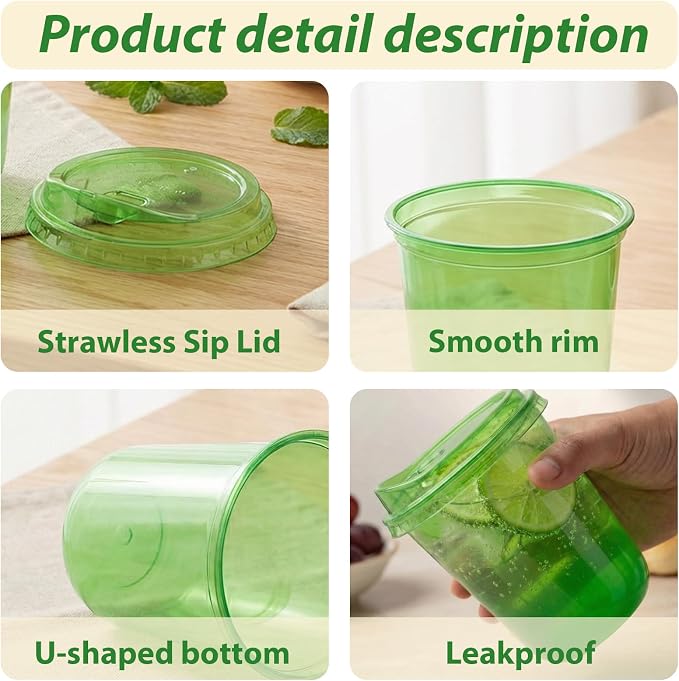 12oz Disposable Stemless Glasses With Strawless Sip Lids,PET Disposable Drinking Cups,Clear Plastic Wine Glasses for Parties Birthday,Wedding,Meeting,Christmas Party Supplies. (50, Green)