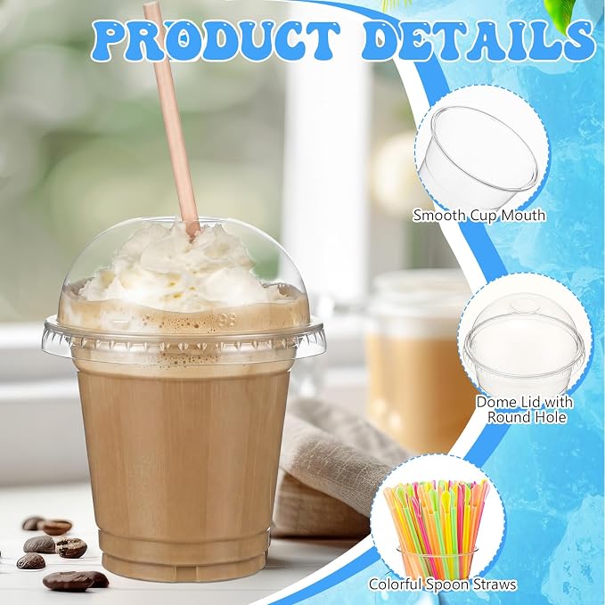 Reallnaive 100 Sets 12 oz Clear Slushie Cups with Dome Lids and Snow Cone Spoon Straws, Disposable Smoothie Cold Drinking Cups for Party Iced Coffee Cold Drinks Juice Milkshake
