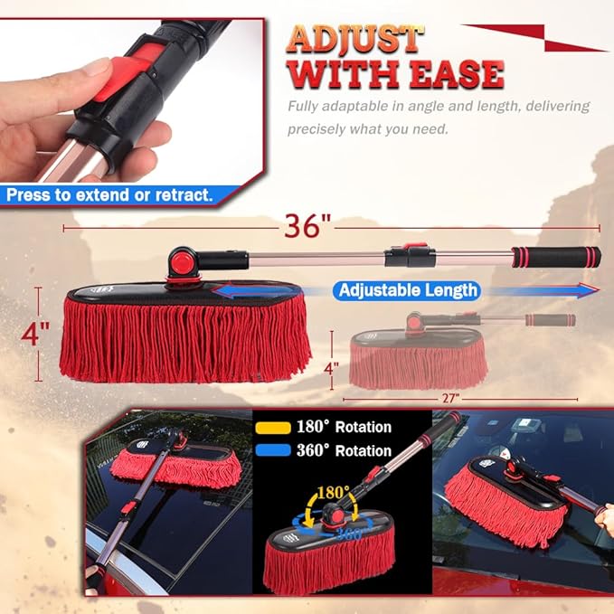 Car Duster Exterior Scratch Free & Interior Detailing Brush Set, Waxed Cotton Waterless Dust Remover, 360° Swivel Telescoping Handle, Multi-Purpose Cleaning Tool for Cars, RVs & Home