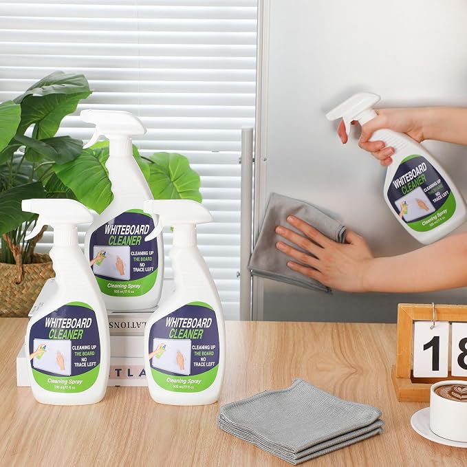 Fuyoooo 8 Pcs Whiteboard Cleaner Set 4 17 fl oz Dry Erase Board Liquid Cleaner with 4 Cloths White Board Cleaning Spray for Classroom Chalkboard Home Office (Light Gray)
