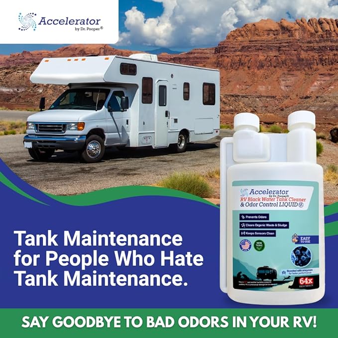 RV Black Water Tank Cleaner & Odor Control Liquid by Dr. Pooper® – Accelerator Bio-Formula | 64 Treatments | Enzyme-Boosted, Non-Toxic, Prevents Odors, Clears Waste & Keeps Sensors Clean | Made in USA