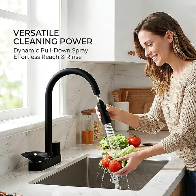 Kitchen Faucet with Pull Down Sprayer & Cup Washer, Glass Rinser Faucet for Kitchen Sink, Lead-Free Brass Waterway, 3 Spray Modes Single Handle, Single Hole for Sink Farmhouse RV Bar Black