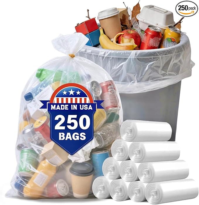 30 33 35 Gallon Clear Trash Bags, 250 Count High Density Garbage Bags, Made in USA, Recycling Trash Can Liners, Puncture-Resistant Plastic Waste Bags for Kitchens Yards Offices Commercial