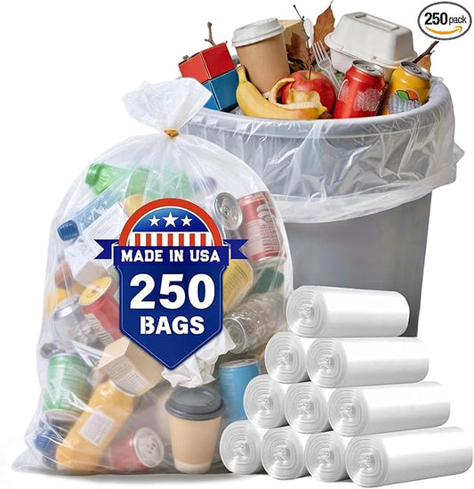30 33 35 Gallon Clear Trash Bags, 250 Count High Density Garbage Bags, Made in USA, Recycling Trash Can Liners, Puncture-Resistant Plastic Waste Bags for Kitchens Yards Offices Commercial