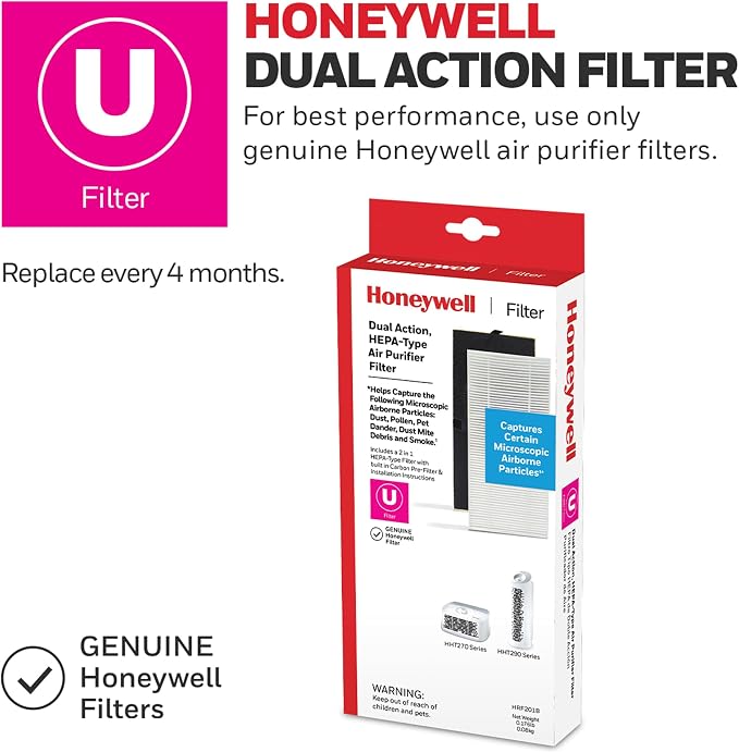 Honeywell Air Purifier for Home, 465 Ft² in 1 hour, Dual Action Filter, Reduces Dust, Pollen, Pet Dander, Odors, Smoke, Compact Allergen Reducer, Small Air Purifier, White HHT270