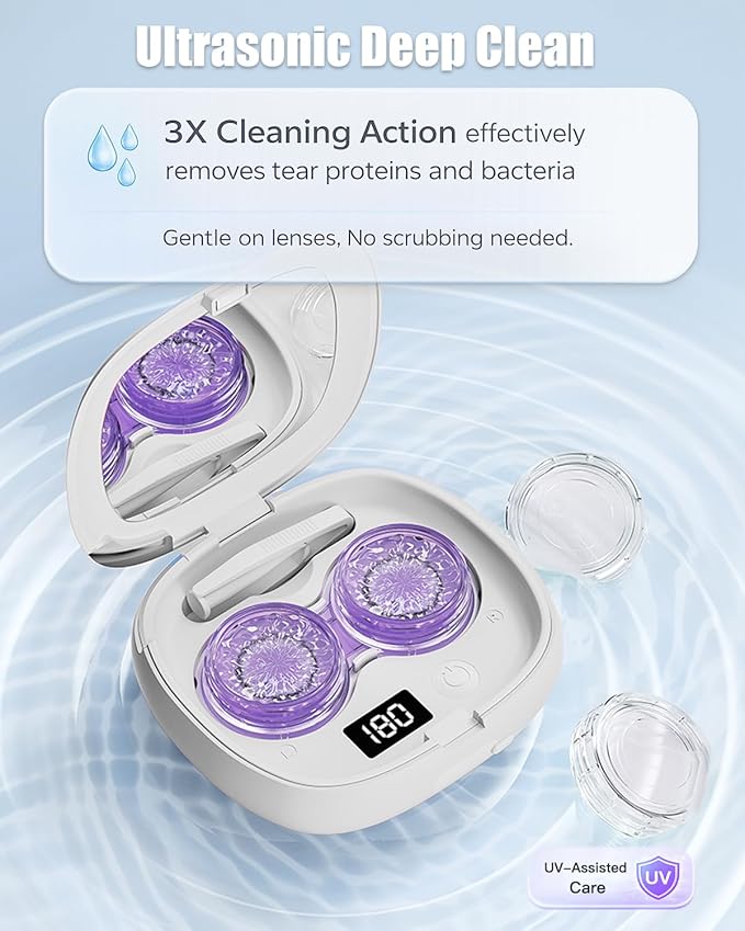 Vastsoon Ultrasonic Contact Lens Cleaner Machine – Portable, Rechargeable Cleaning Kit with 4 Contact Lens Solution Cases, Applicator & Removal Tools – for Travel & Home Use (White)