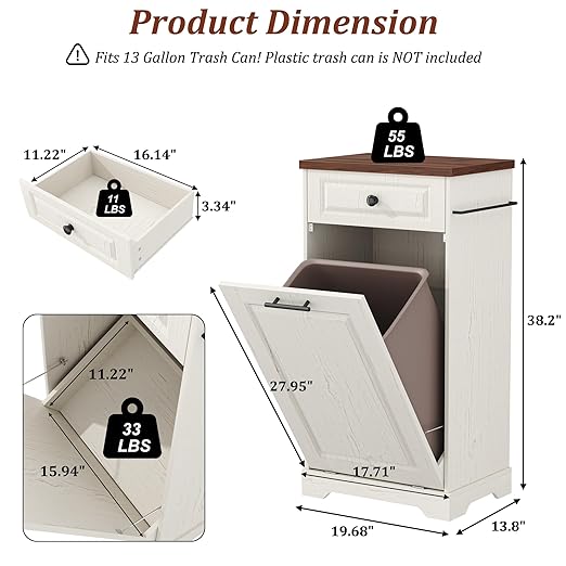 Function Home Trash Can Cabinet, 13 Gallon Tilt Out Trash Cabinet, Wooden Kitchen Garbage Can with Hideaway Drawer, Pet Proof Trash Can Holder for Kitchen Living Room, Antique White with Brown Top