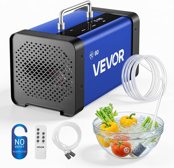 VEVOR Ozone Generator, 60000mg/h Commercial Ozone Machine, with 15s Delayed Start & Dual-Hose Water Mode & LCD Touchscreen, Industrial Deodorizer for Car, Smoke, Home Odors, Up to 4800 sq.ft