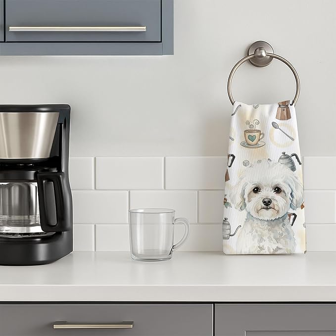 Caroline's Treasures Bichon Frise Coffee Bar Kitchen Towel Velour Plush Front and Cotton Loop Back Machine Washable