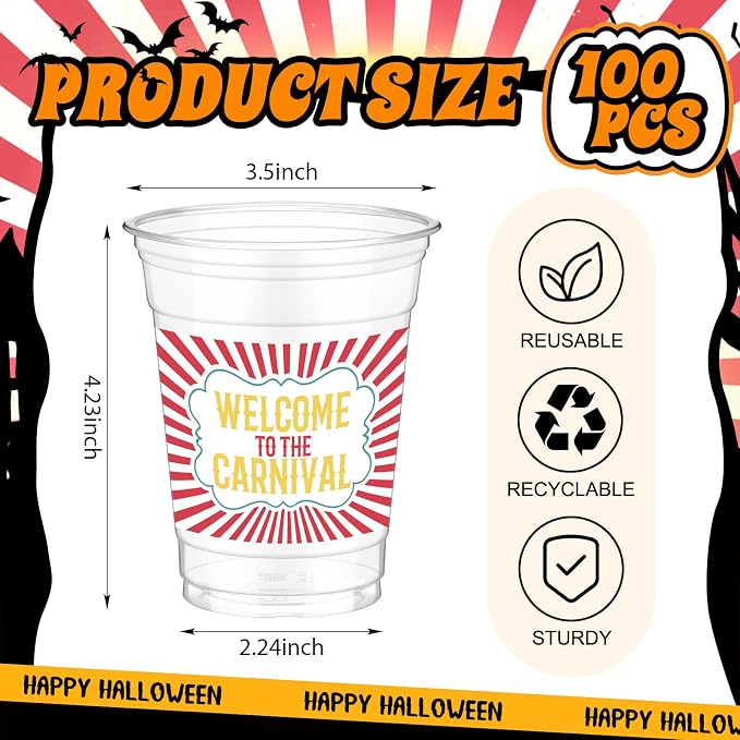 Bokon 100 Pcs Halloween Carnival Circus Party 12 oz Plastic Cups Disposable Cocktail Glasses Circus Theme Clear Disposable Cups for Welcome to Carnival Party Supplies for Coffee Juice Hot Cold Drinks