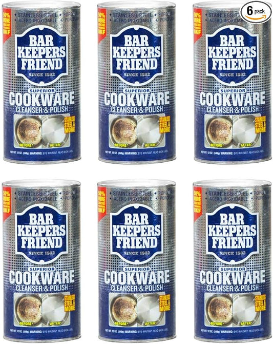 Bar Keepers Friend Cookware Cleanser & Polish (12 oz) - Cleaner, Degreaser & Stain-Remover - for Use on Stainless Steel and Copper Pots, Pans and Utensils, Glass Casserole Dishes and More (6)