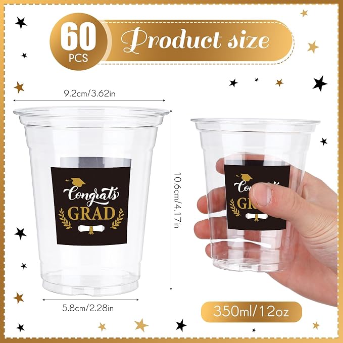 Amyhill 60 Pack 12oz Graduation Cups 2026 Graduation Decorations Disposable Plastic Cups Sturdy&Durable Drinkware for Class of 2026 Decorations Congrats Grad Party Favors Supplies (Black)