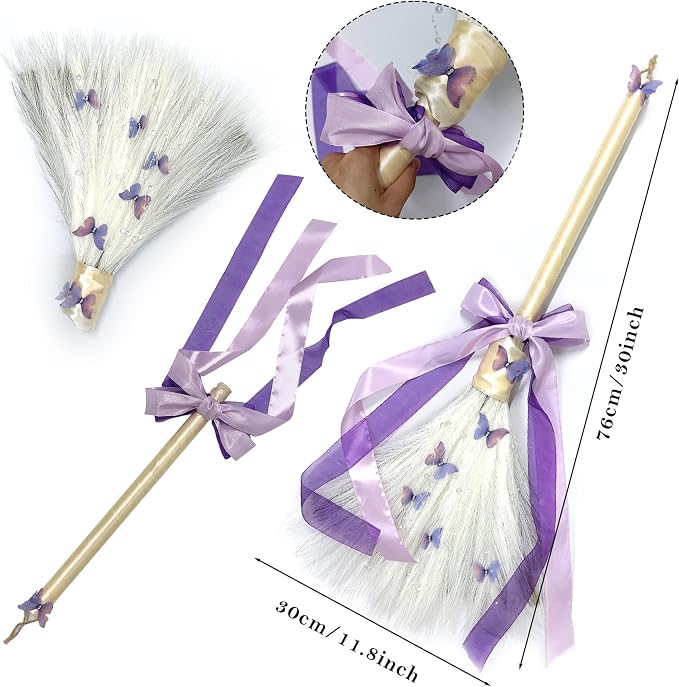 Wedding Broom Jumping Broom for Wedding Ceremony 28 inch Tall Whisk Brooms with Straw White Pampas Grass, Purple Butterfly/Ribbons (Finish Product)