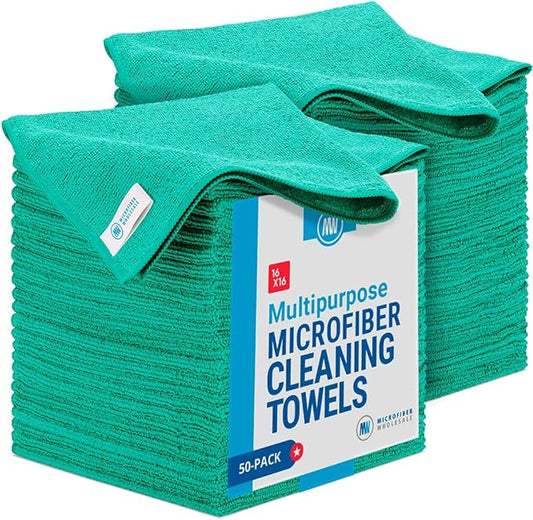 16" x 16" Economy All Purpose Microfiber Towels - 50 Pack (Green, 50 Pack)