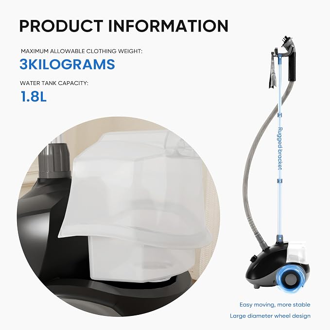 Garment Steamer for Clothes Standing, 1500W Efficient Clothes Steamer Standing with Wheels, Professional 58OZ Water Tank for Continuous Steaming, Fast Heating Wrinkle Remover