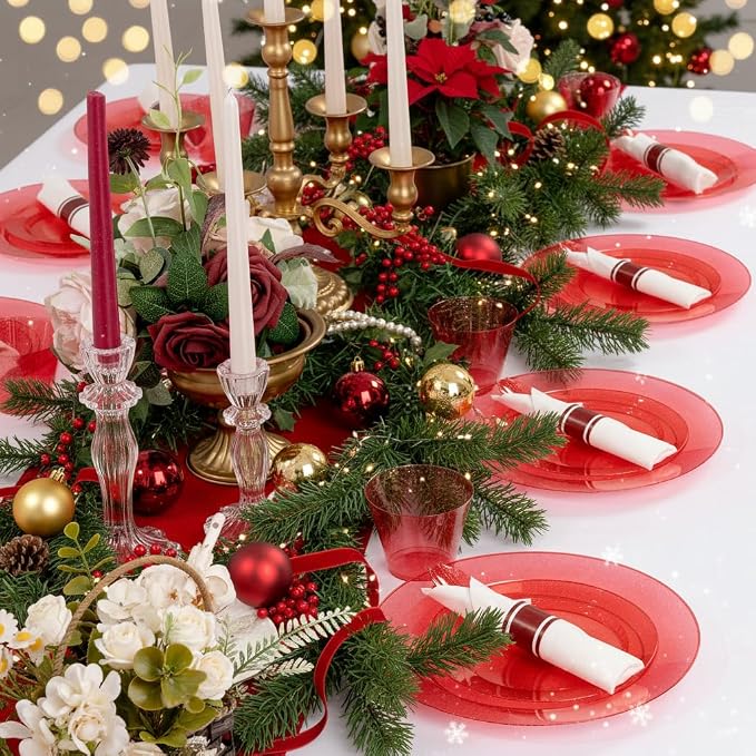 DaYammi 350 Pieces Red Glitter Dinnerware Set 50 Guest for Party- 50 Dinner Plates, 50 Dessert Plates -50 Per Rolled Napkins with Red Cutlery - 50 Disposable Cups 9 OZ