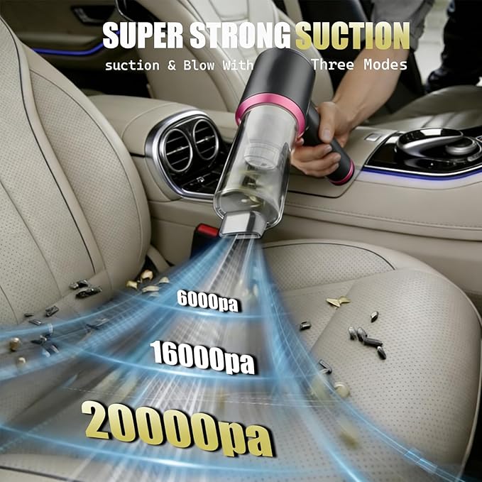 Handheld Cordless Car Vacuum Cleaner with 20000PA Powerful Suction4-in-1 Portable Mini Vacuum/Compressed Air Duster| 3-Speed Adjustable & 6000MAH Rechargeable Battery for Home Office Pet Hair