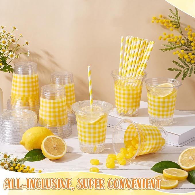 Domensi 25 Sets Yellow and White Gingham Plastic Cups with Lids and Paper Straws 12oz Checkered Party Disposable Cup Bulk Drinking Cup for Cold Drink Baby Shower Wedding Birthday Summer Party Supplies
