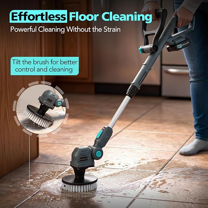 20V Cordless Electric Spin Scrubber with Replaceable Battery & Long Handle - Includes 8 Replaceable Brush Heads for Bathroom, Tile, Grout, Shower, Bathtub, Kitchen, Car & Outdoor Cleaning