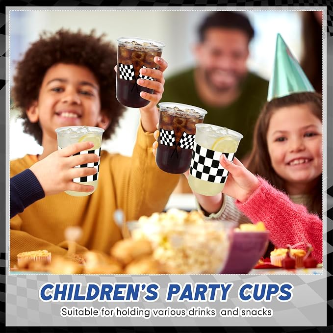 Ziliny 50 Pcs 16oz Checkered Cups Racing Party Round Bottom Plastic Cups Party Decorations, Disposable Clear White Black Checkered Flag Cup for Racing Themed Birthday Drink Supplies Decorations