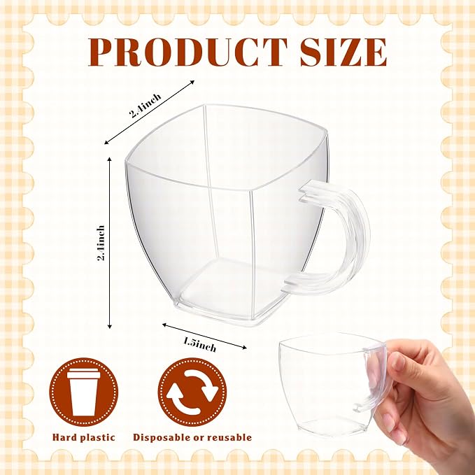 Amyhill 100 Pcs 5 oz Disposable Tea Cups Bulk with Handle Mini Hard Plastic Coffee Mug Square Disposable Espresso Cups for Tea Party Wedding Catering Dessert Sampling (Clear)