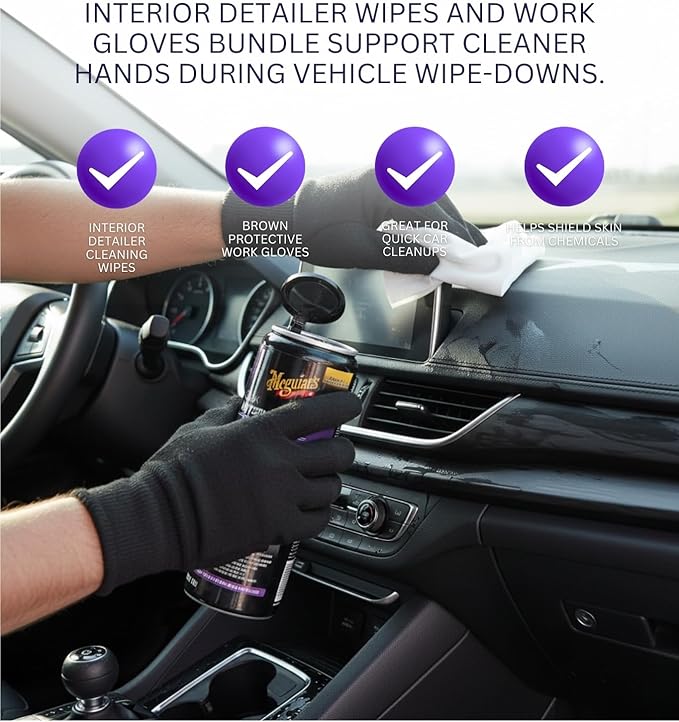 2x Quik Interior Detailer Multi-Surface Cleaner Wipes 30 Ct Bundle with Work Gloves – Convenient Car-Wipes for Dashboard, Vinyl, and Leather Wipes Use — Gift Set (3 Items)