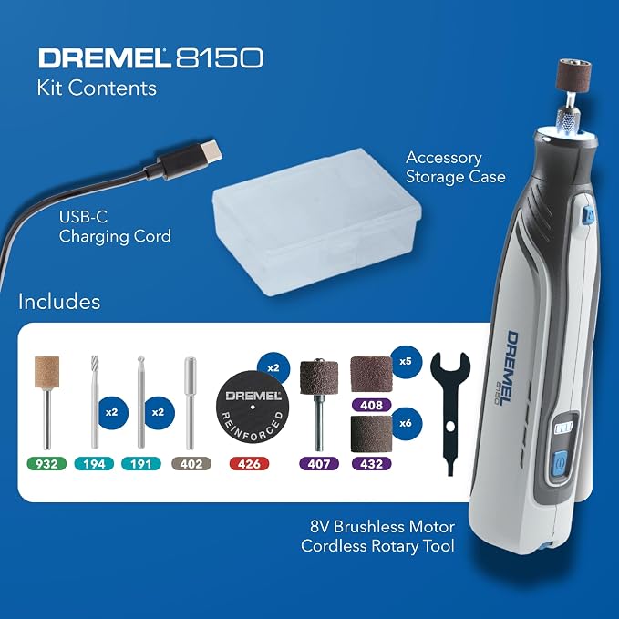 Dremel 8150 8V Cordless Rotary Tool Kit with Brushless Motor and LED Nose Cap - Variable Speed 5,000-30,000 RPM, USB-C Rechargeable and 20 Rotary Tool Accessories
