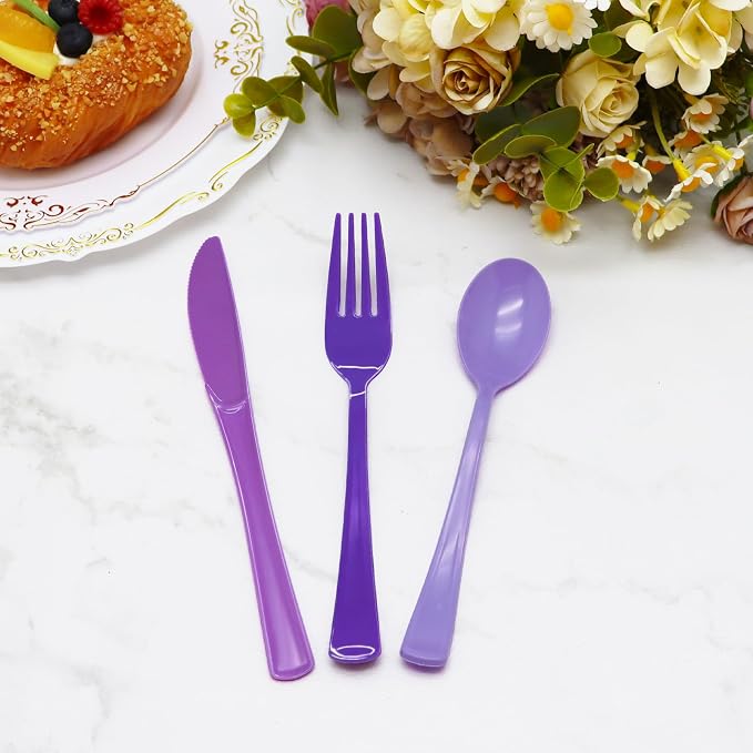 180 PCS Purple Plastic Silverware Heavy Duty Purple Plastic Cutlery Set Disposable 60 Forks, 60 Knives, 60 Spoons for Birthday, Wedding, Picnic, Baby Shower