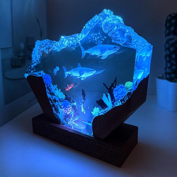 Shark Resin Lamp, Scuba Diving Resin Ocean Lamp,Handmade Shark Decor Bedside Nightlight with Wooden Base, RGB Mode, Ocean Lovers Collectibles, Gifts for Christmas,Birthday Holiday (L 10"X6")