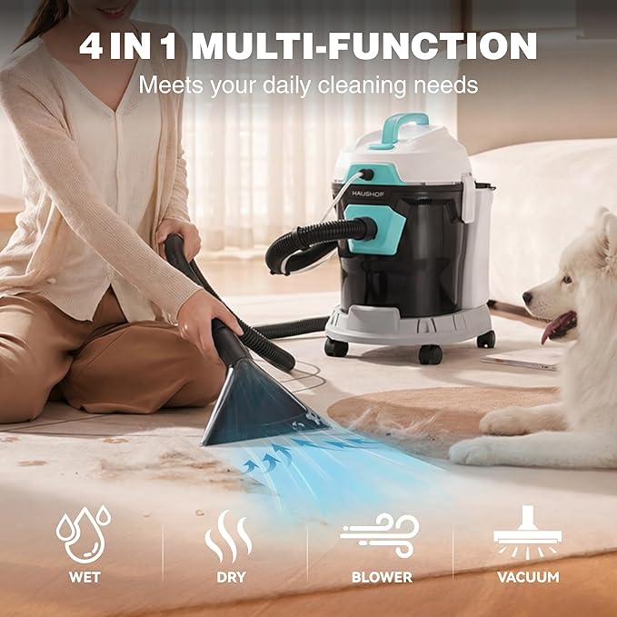 HAUSHOF 4 Gallon 5.5 Peak HP Wet/Dry Vacuum Upholstery Cleaner, Portable Shop Vacuum with 1-1/4 Inch Diameter x 5 Foot Hose, 13 Foot Cord, Ideal for Home, Workshop, and Garage Cleaning