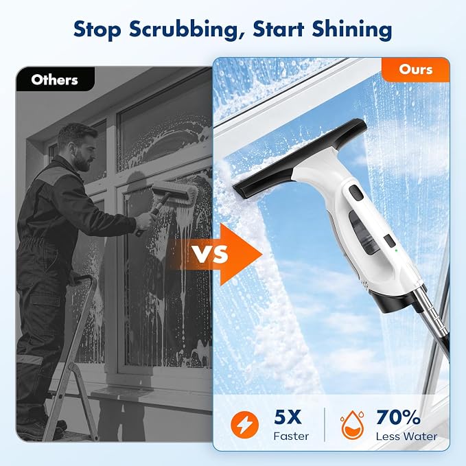 Cordless Window Vacuum Squeegee with Extension Pole, Electric Window Cleaner with Water Collection Tank, Portable Cleaning Kit for Glass Doors, Windows, Mirrors and Car（White）