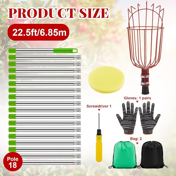 Colingmill 22.5ft Fruit Picker Pole with Basket, Telescoping Fruit Picking Tool with Soft Cushion, Extendable Harvester for High Trees, No Ladder Needed for Apple, Cherry, Orange, Citrus, Peach