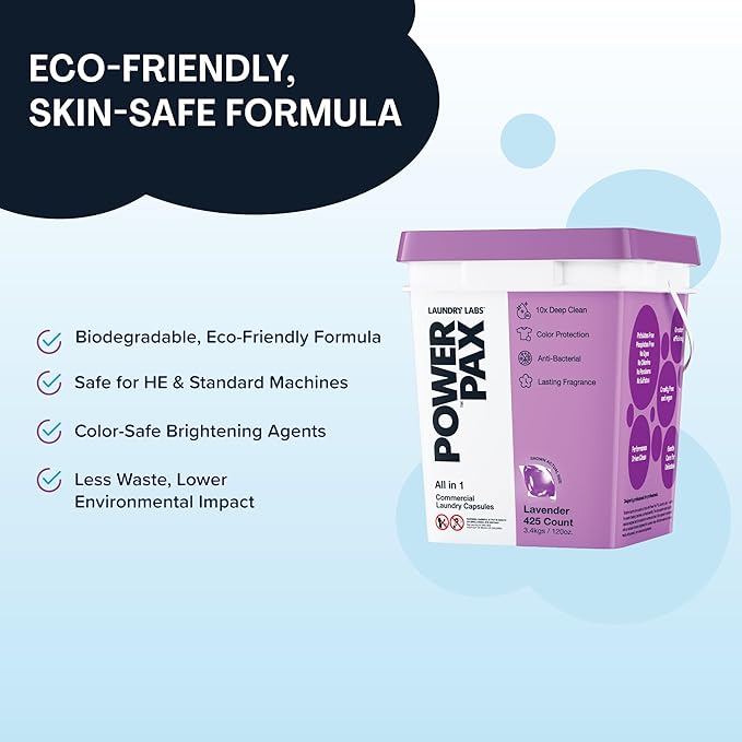 PowerPax Power Pellets Laundry Detergent Capsules, Lavender, 425 Count – Stain Remover, Odor Eliminator, Color Protection and Fabric Softener for Everyday Laundry Cleaning