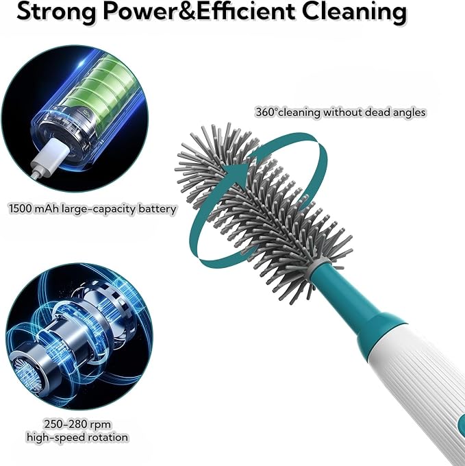 Electric Bottle Brush Set, 6-in-1 Electric Cleaning Brush with Waterproof Silicone Cleaner, 3 Replaceable Brush Heads, Straw Brush & Extension Rod, for Baby Feeding Supplies and Kitchen Utensils