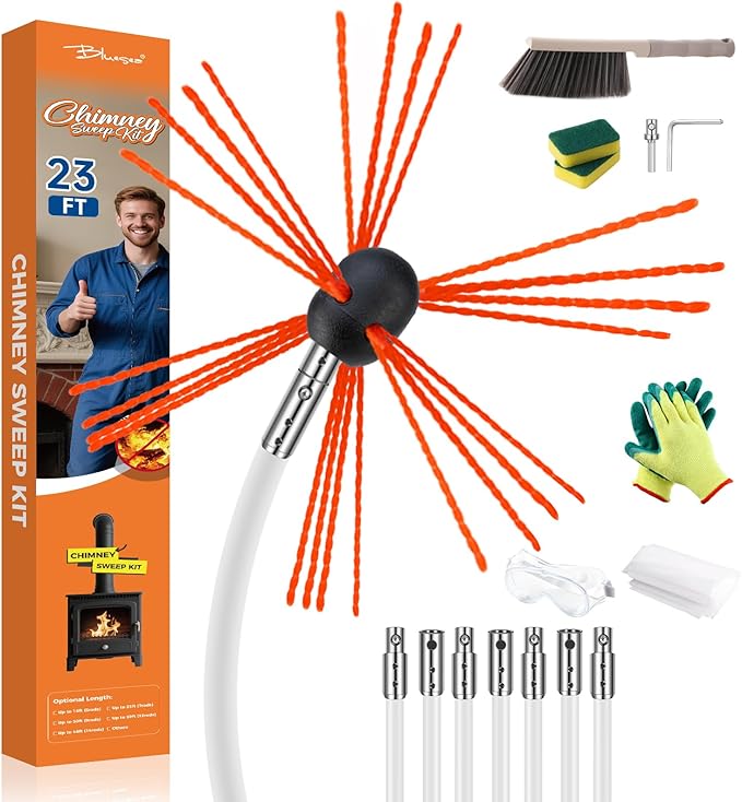 Bluesea 23 Feet Chimney Sweep Kit, Ergonomic Chimney Cleaning Kit, Extends Up to 23 Feet, Chimney Cleaner, Chimney Cleaning Tools, Chimney Cleaning System with Strong Brush, 7 Flexible Chimney Rods