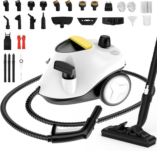 Steam Cleaner,Multipurpose Neat Canister Steamer with 27 Accessories, 5 Mins Heating with 1.5L Tank,Rolling Cleaning Machine for Carpet, Floors,Windows,Mirrors,Glass and Cars (White3)