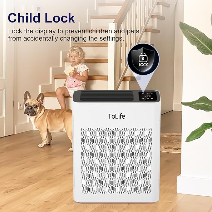 Tolife Air Purifier Large Room, HEPA Air Purifiers for Home Pets Hair with Washable Filter, Air Cleaner for Bedroom up to 1095 Ft² Dust Smoke Odor, Sleep Mode, Timer, White